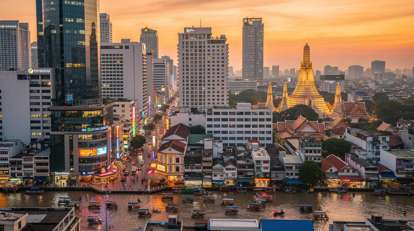 A imagem mostra a vibrante cidade de Bangkok, na Tailândia, com seus arranha-céus modernos ao fundo e o famoso rio Chao Phraya serpenteando pela cidade. Em primeiro plano, pode-se ver um tuk tuk, meio de transporte típico, e algumas barracas de comida de rua, que são parte essencial da cultura local.