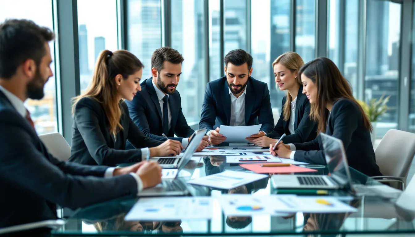 A diverse business team is gathered around a conference table, actively reviewing documents and plans in a collaborative meeting environment, aimed at enhancing their skills and strategies for successful entrepreneurship development. The atmosphere reflects teamwork and innovation as they discuss their business plans and startup ideas.