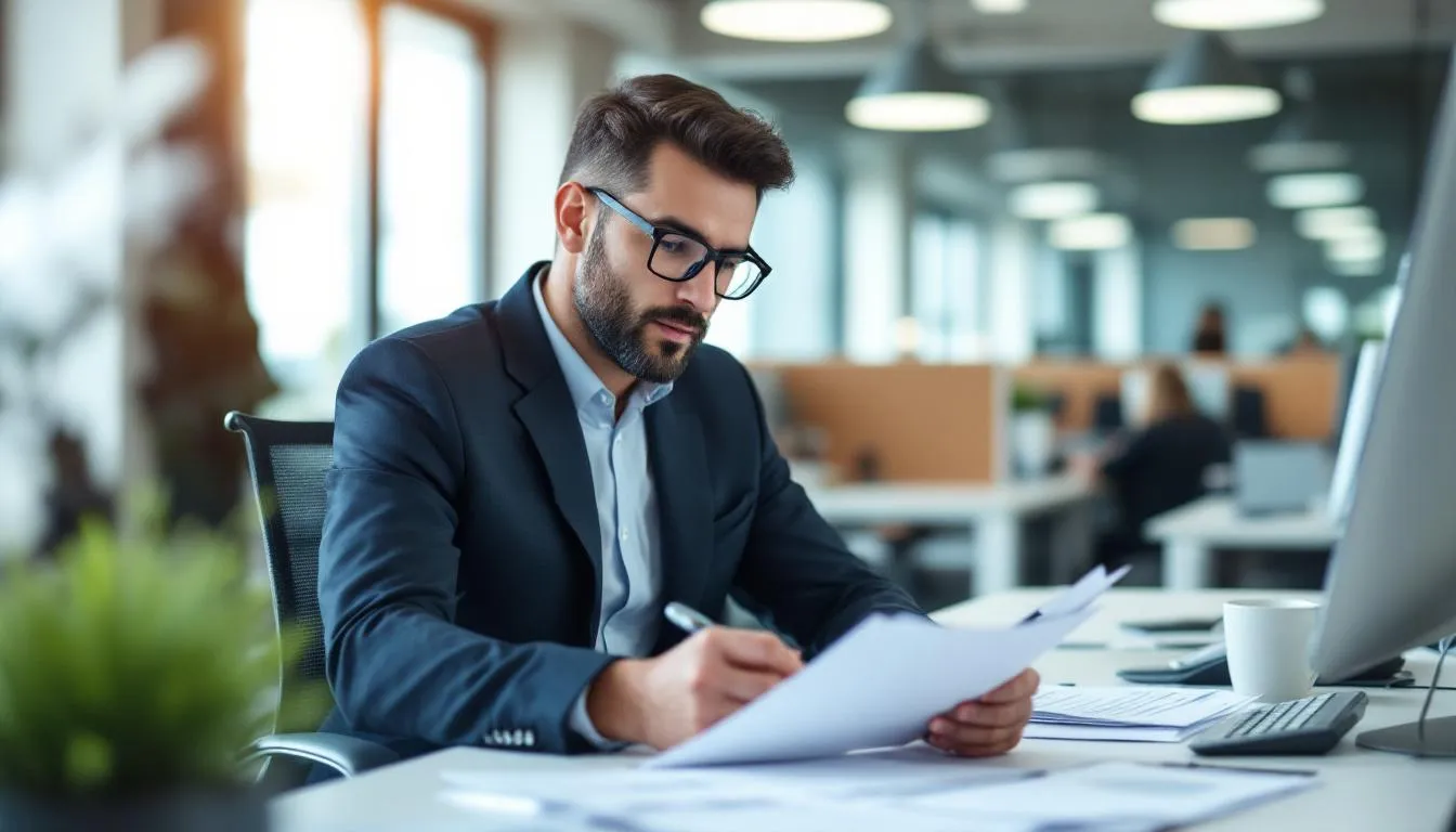 In der Abbildung ist ein Arbeitgeber zu sehen, der eine Lohnabrechnung prüft, um die Höhe des Kurzarbeitergeldes für seine Arbeitnehmerinnen und Arbeitnehmer zu überprüfen. Diese Prüfung ist wichtig, um sicherzustellen, dass alle Ansprüche auf Kurzarbeitergeld während eines erheblichen Arbeitsausfalls korrekt berücksichtigt werden.