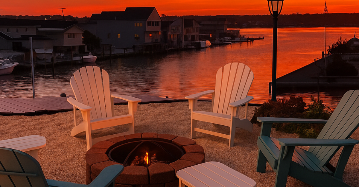 Adirondack chairs surrounding a cozy firepit by the Toms River waterfront at sunset, with the sky glowing orange and reflecting on the calm bay water — a perfect Jersey Shore evening setting.