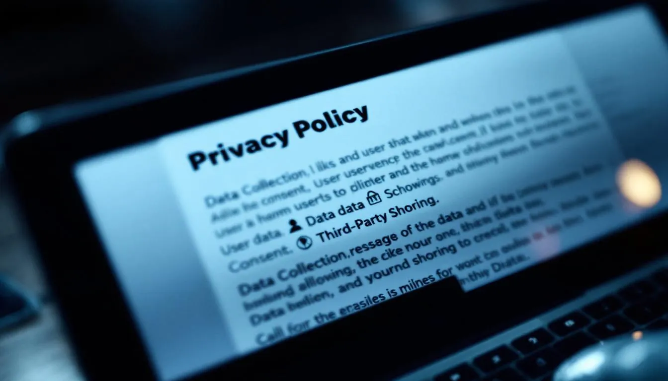 Het beeld toont een computerscherm met elementen van een privacybeleid, waaronder symbolen die gebruikersgegevens vertegenwoordigen, zoals persoonsgegevens en informatie over de verwerking daarvan. Dit benadrukt de noodzaak van een goede privacyverklaring in overeenstemming met de Algemene Verordening Gegevensbescherming (AVG).