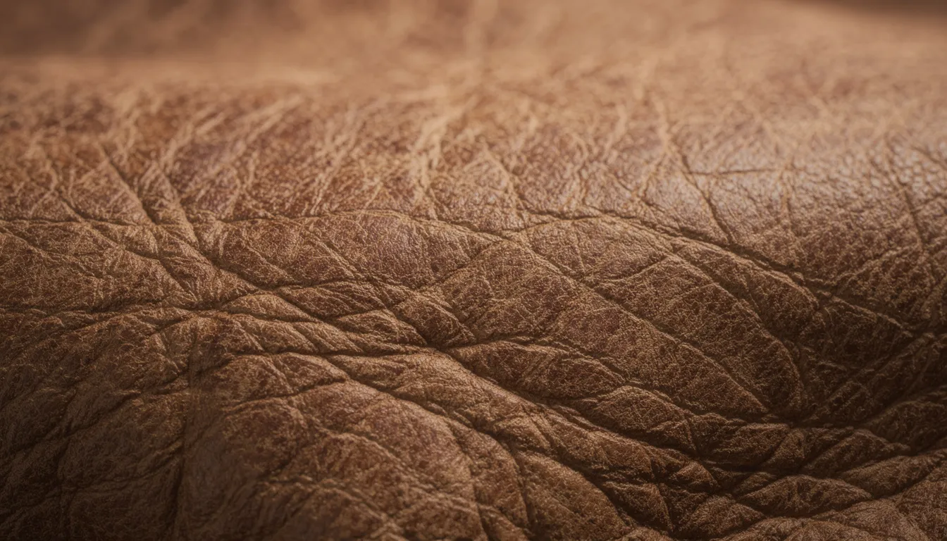 Een close-up van een lederen textuur toont de zichtbare natuurlijke nerven, wat bijdraagt aan de warme en tijdloze uitstraling van leren eetkamerstoelen. Deze textuur is ideaal voor moderne leren eetkamerstoelen, die perfect passen in een industrieel interieur.