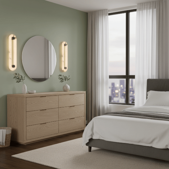 Bedroom lighting ideas using modern vertical wall sconces beside a round mirror for soft ambient light.