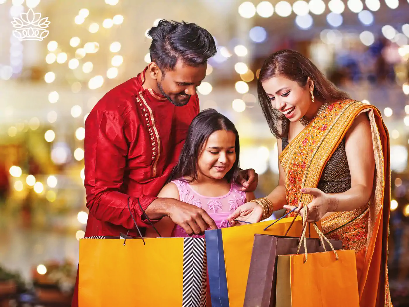 Happy family in traditional Indian attire enjoying Diwali shopping, exploring gifts with excitement against a backdrop of festive lights. Diwali. Delivered with Heart by Fabulous Flowers and Gifts.