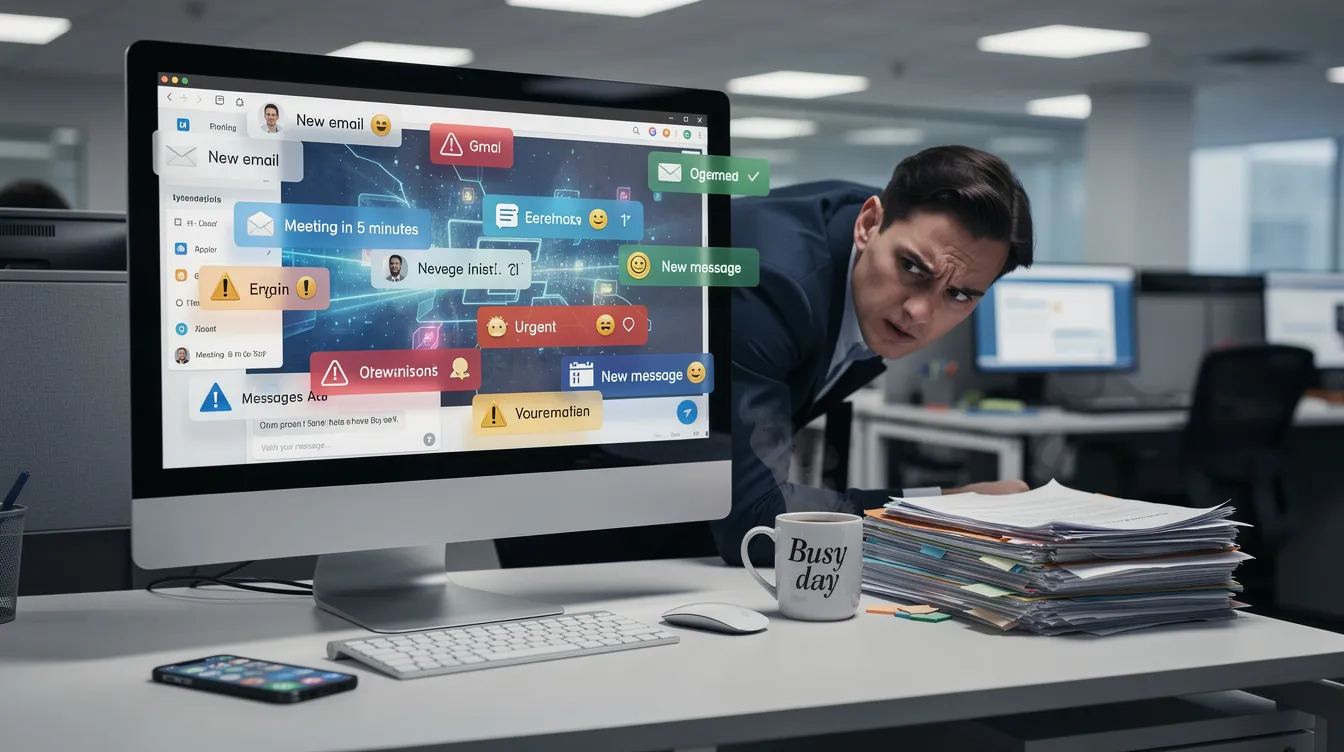 An office worker sits at a cluttered desk, visibly overwhelmed by numerous notifications on their computer screen, which are filled with unsolicited messages, spam emails, and alerts about potential phishing attacks. The chaotic scene highlights the struggle to manage unwanted emails and spam, creating a sense of urgency and frustration.