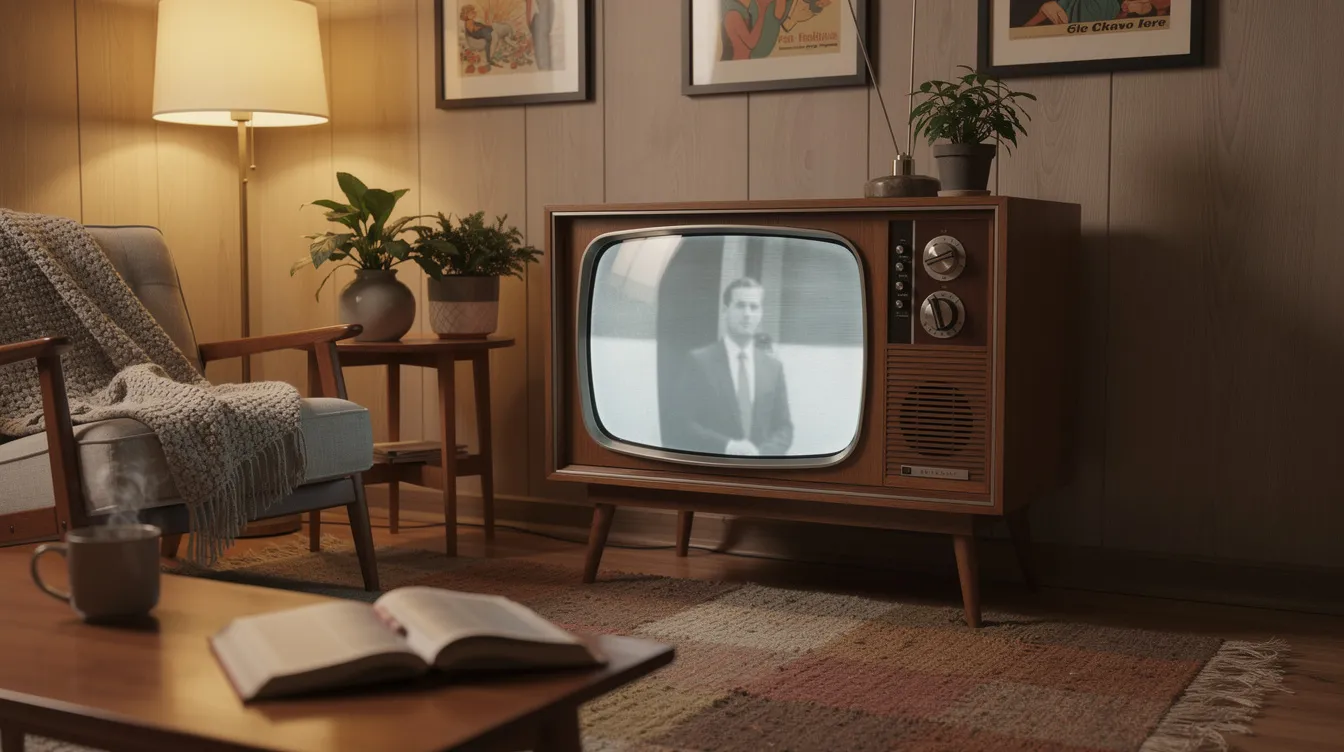 The image features a vintage television set sitting in a cozy living room, surrounded by comfortable furniture and warm lighting, creating an inviting atmosphere. This nostalgic setup evokes a sense of home, reminiscent of classic drama desk award-winning performances and musical films, where stories come to life.