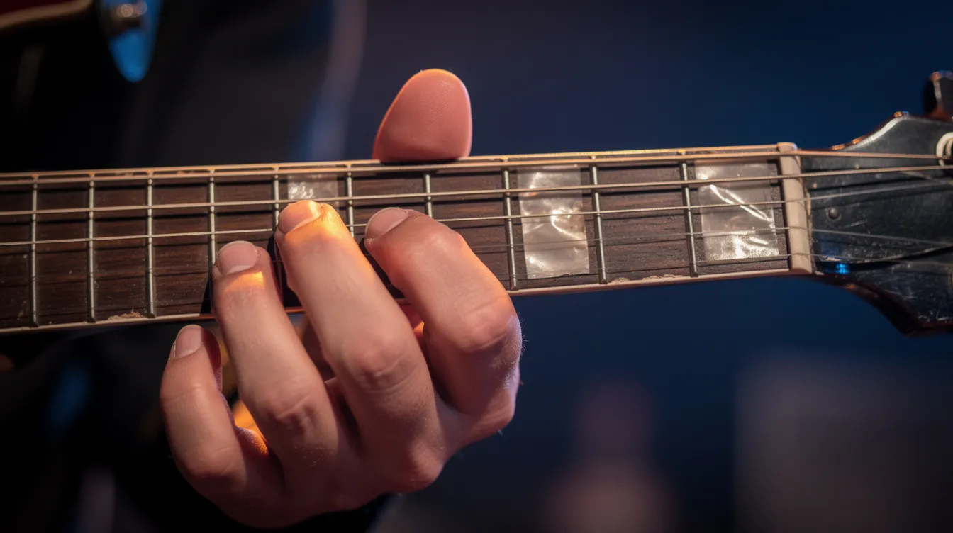 Ein Gitarrist spielt leidenschaftlich Blues auf einer E-Gitarre, während die Nahaufnahme seiner Greifhand auf dem Griffbrett die verschiedenen Töne und die Abfolge der C-Dur-Tonleiter zeigt. Die Finger bewegen sich geschickt über die Saiten und erzeugen eine fesselnde Melodie, die die Atmosphäre des Stücks unterstreicht.