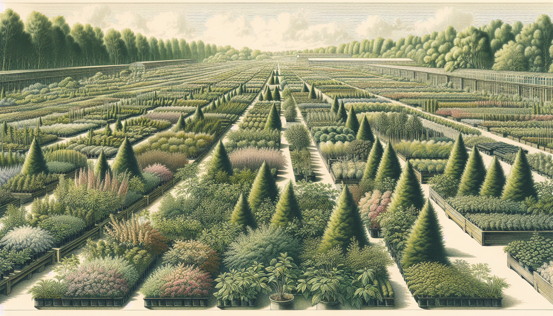 Illustration of wholesale nursery with rows of plants