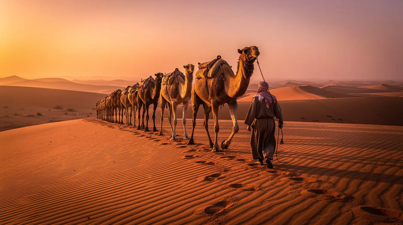 A camel caravan traverses the golden sand dunes of the Sahara Desert at sunset, bathed in warm orange light. This scene captures the essence of Morocco in July, highlighting the dry heat and breathtaking landscapes that attract travelers to this stunning destination.