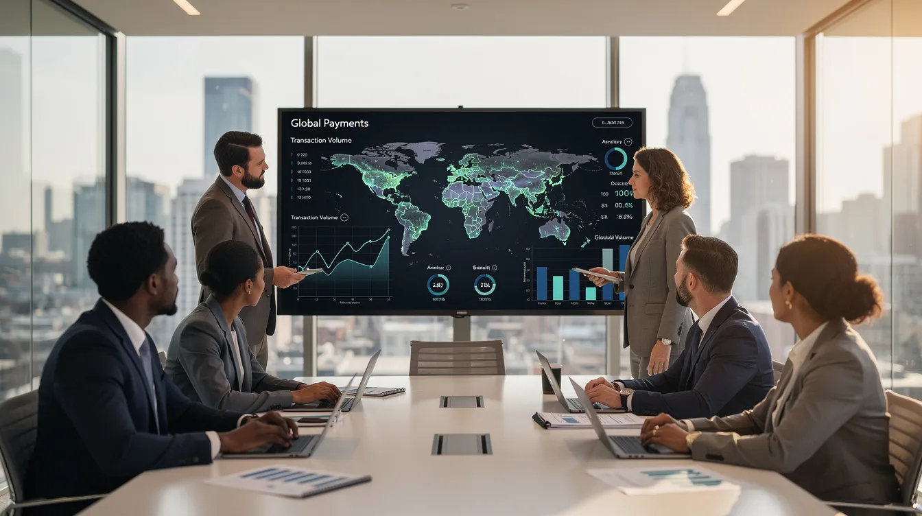 A business team is gathered in an office, analyzing global payment analytics displayed on a large screen, focusing on cross border payments and international transactions. The scene illustrates collaboration among finance teams as they strategize on managing payments and optimizing cross border payment solutions for multiple markets.