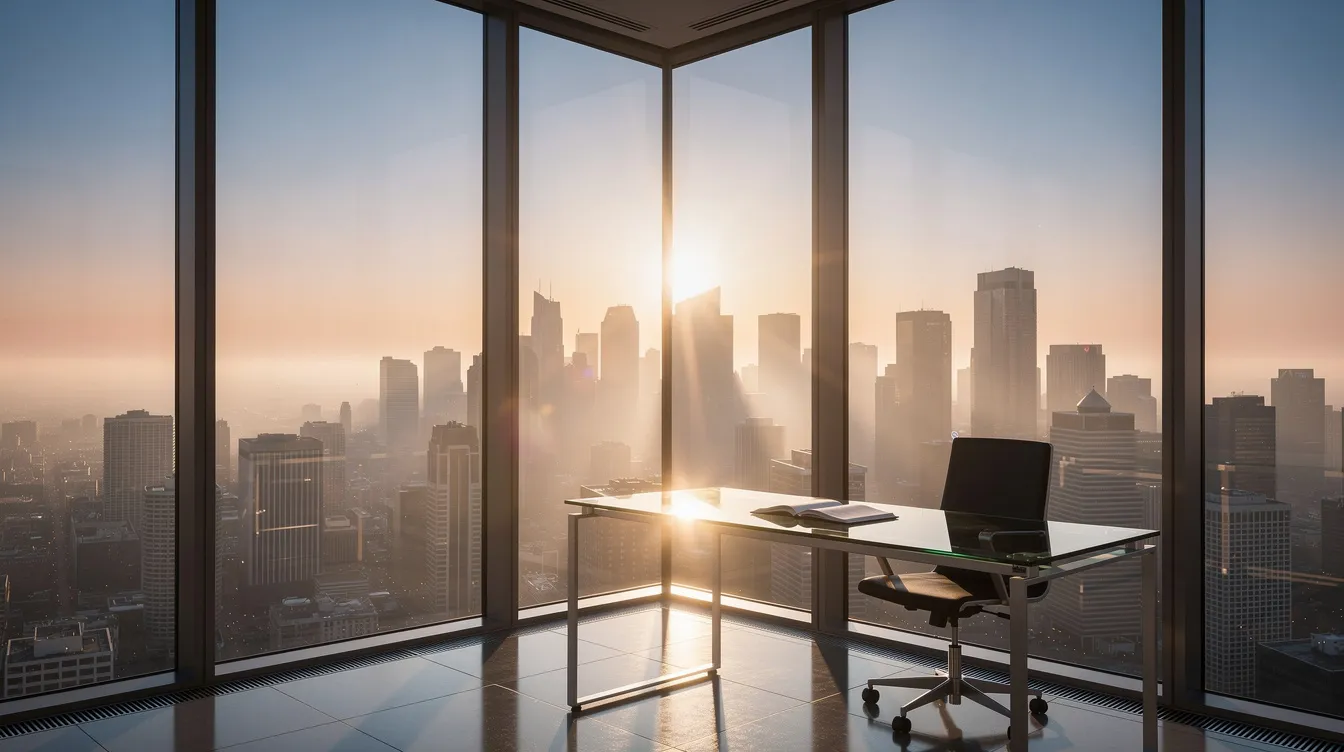 The image depicts a breathtaking sunrise illuminating a city skyline as viewed from a high office building, symbolizing new perspectives and clarity in leadership. This scene reflects the importance of personal growth and coaching practices in developing effective leadership skills within an organization.