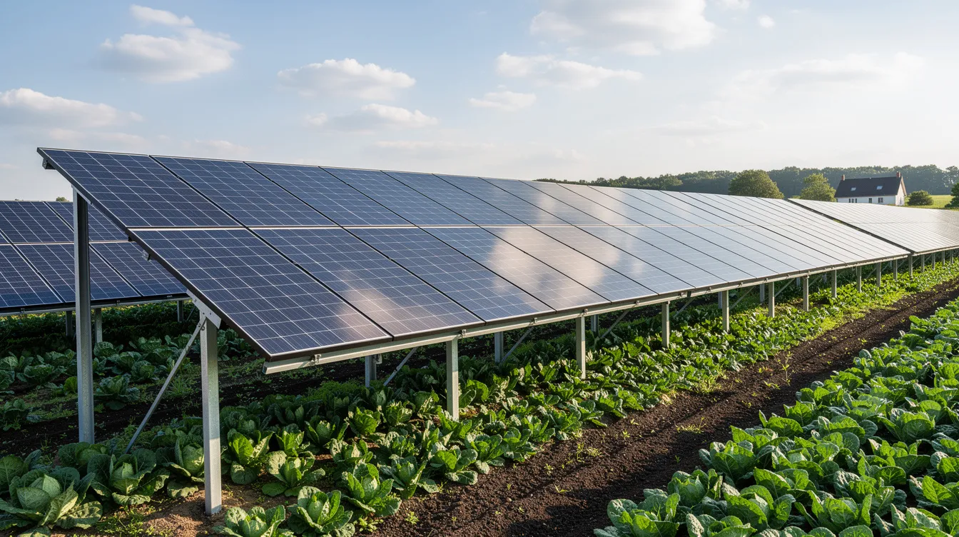 7b596726 ae0c 40b7 b75a 45d81e311ec6 The image depicts modern solar panels installed on a rural farmland, with vibrant green crops growing underneath, showcasing an emerging business opportunity in sustainable energy and agriculture. This setup highlights the potential for profitable business ideas in Karnataka, particularly in the context of utilizing natural resources for generating electricity.