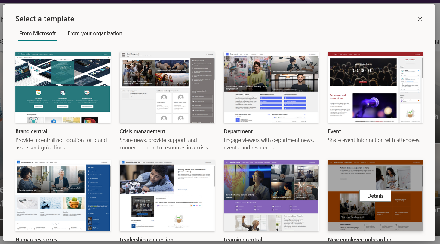 Site templates available for sharepoint team site