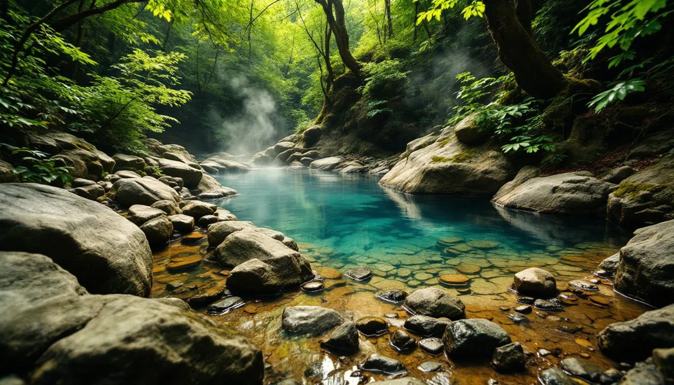 A serene hot spring surrounded by nature, illustrating the perfect contrast for cold plunges.