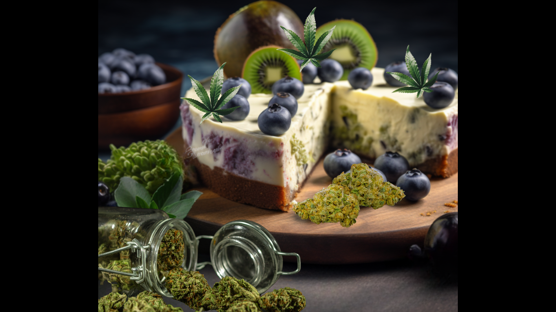 image of cannabis infused kiwi and blueberry cheesecake with marijuana nugs around