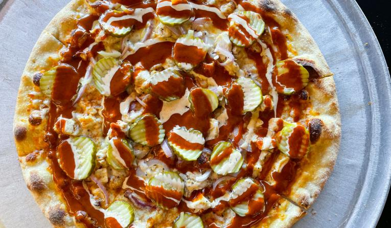 Zalat hot chicken and pickle pizza