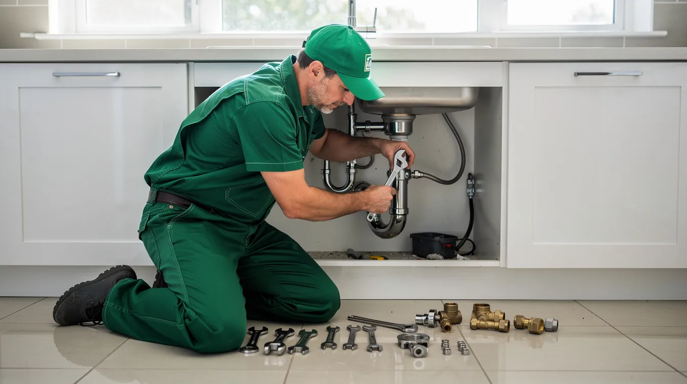 A plumber wearing a green uniform is actively engaged in plumbing repair, focusing on a residential drain system. The image highlights the professional's expertise in addressing clogged drains and ensuring proper flow within the plumbing system.