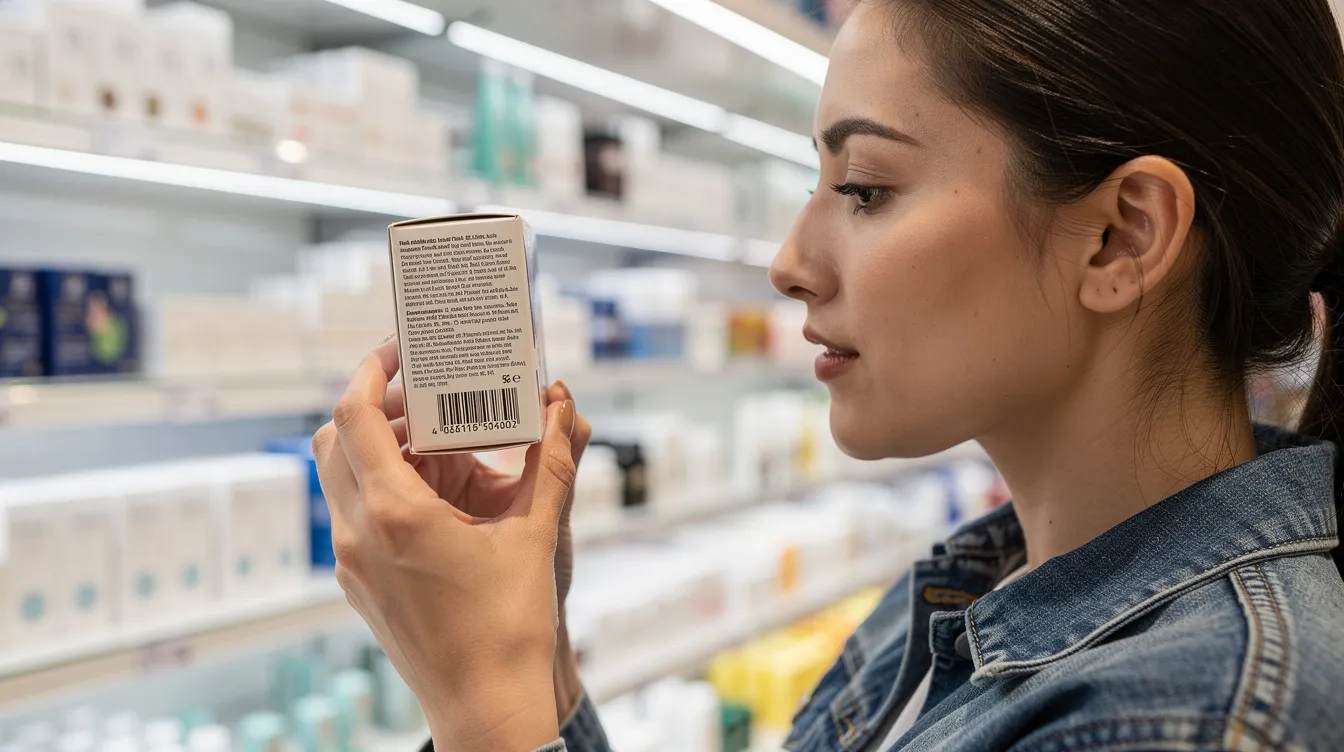 A person is closely examining a product label in a bright retail store, possibly looking for information about hemp-derived products or cannabis items. The well-lit environment highlights details such as warning labels and the licensed cannabis dispensaries' branding, which may include the Maryland cannabis administration's approved symbols.