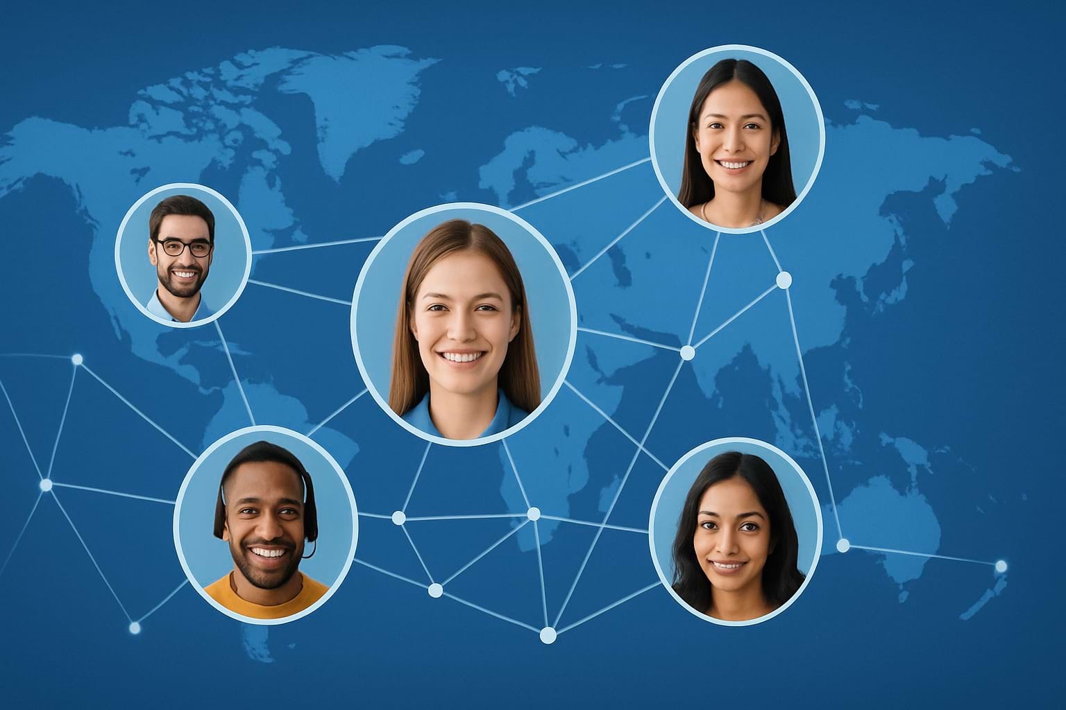 Diverse professionals connected by glowing lines over a digital world map symbolizing global