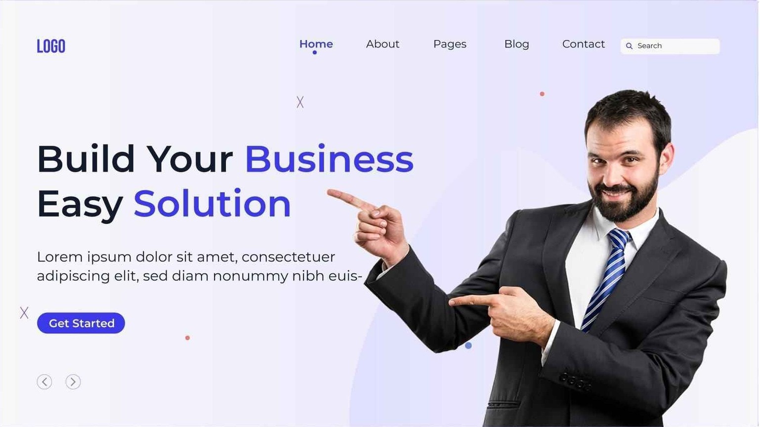A smiling businessman in a suit points to a modern website layout with a 'Build Your Business Easy Solution' headline and navigation menu