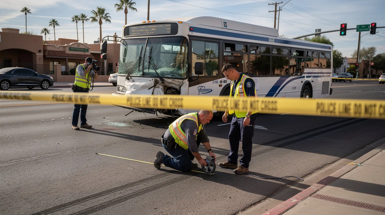 The image depicts accident investigators at a bus collision scene in an urban Phoenix setting, meticulously measuring skid marks and documenting vehicle damage, with a transit bus parked nearby and police tape visible. This detailed scene illustrates the serious nature of bus accidents, highlighting the importance of gathering evidence for potential bus accident claims and ensuring victims receive fair compensation.
