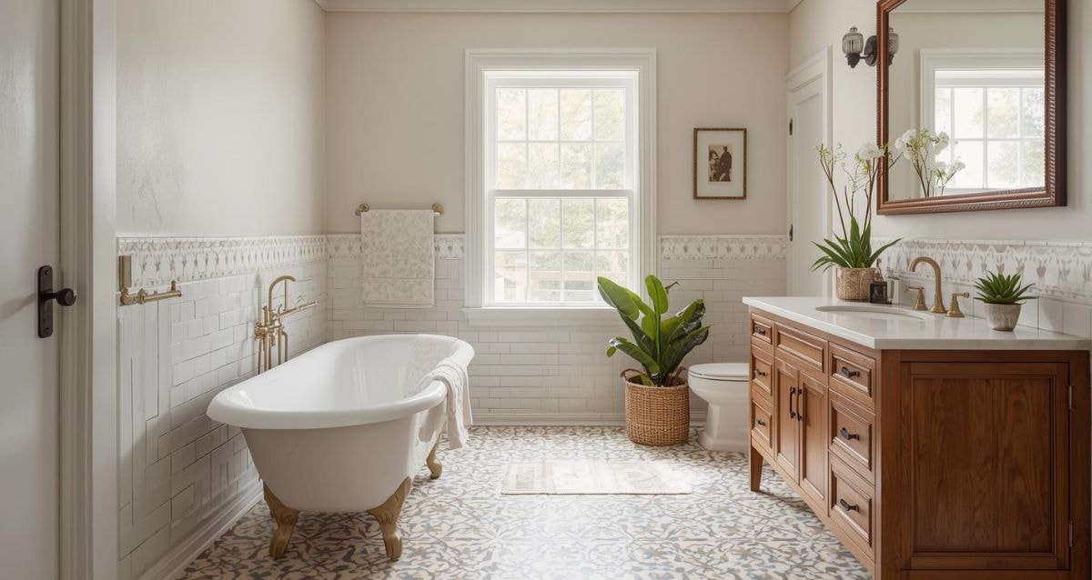 Beautiful bathroom with lots of natural light and encaustic tiled floor