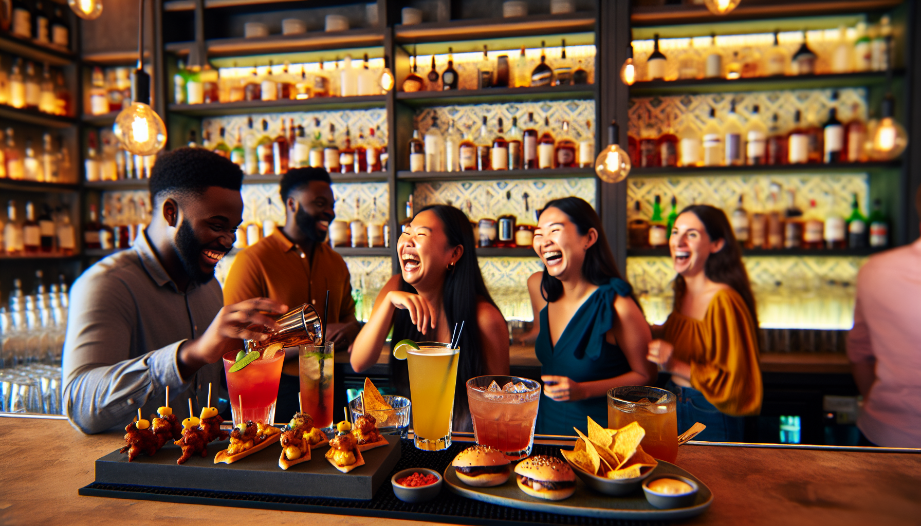 A vibrant bar area with a variety of happy hour drinks and appetizers