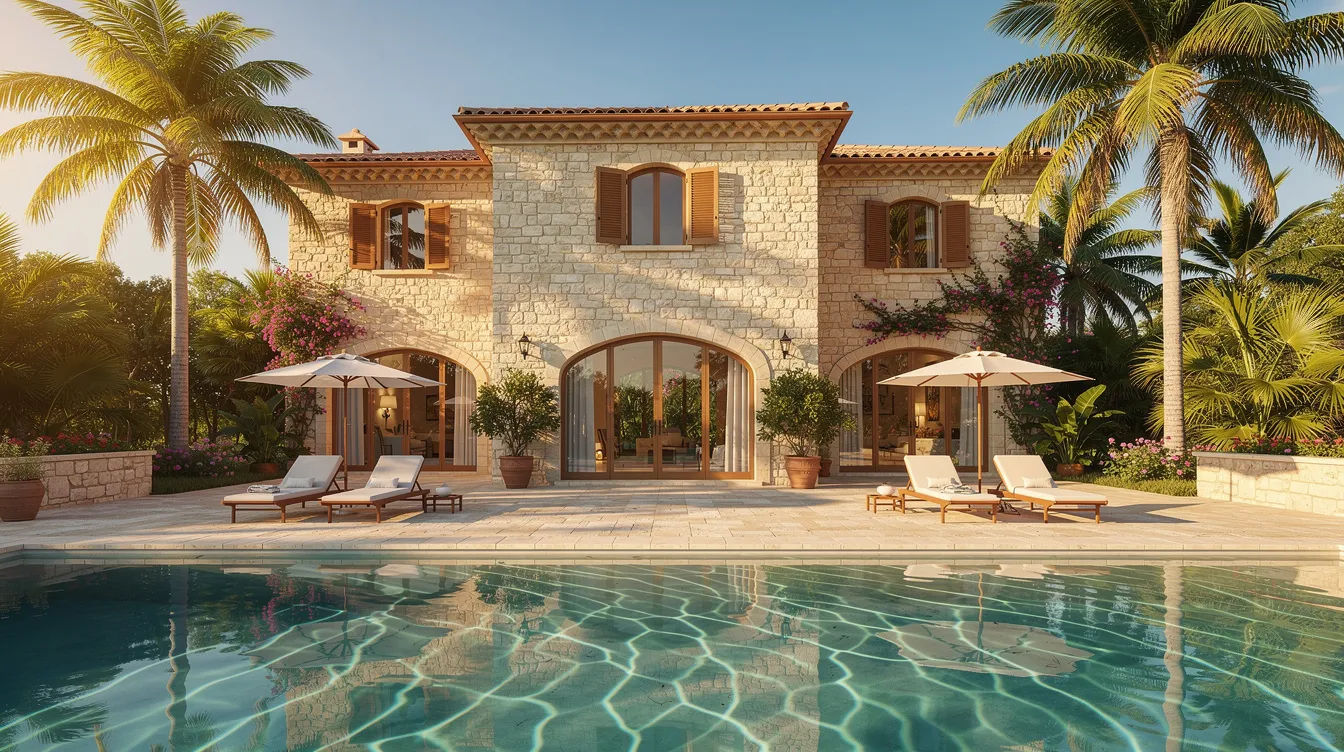 Das Bild zeigt eine mediterrane Steinvilla mit einem Pool, der von Palmen umgeben ist, an einem sonnigen Tag. Diese luxuriöse Umgebung könnte ein Rückzugsort für Fußballstars wie Bastian Schweinsteiger sein, der Millionen Euro mit seiner Karriere im Fußball verdient hat.