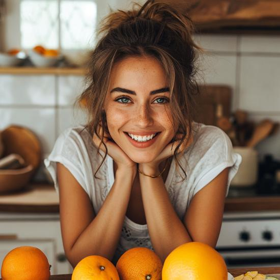 Beautiful, healthy woman smiling with oranges in her kitchen. Add supplements and she is happy.