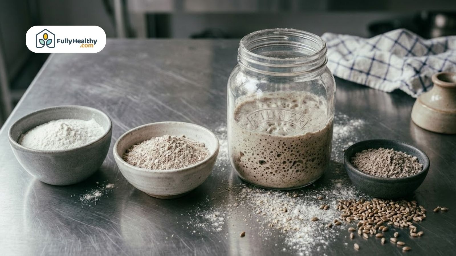 Active sourdough starter in a glass jar surrounded by bowls of white and whole grain flour on a kitchen counter.