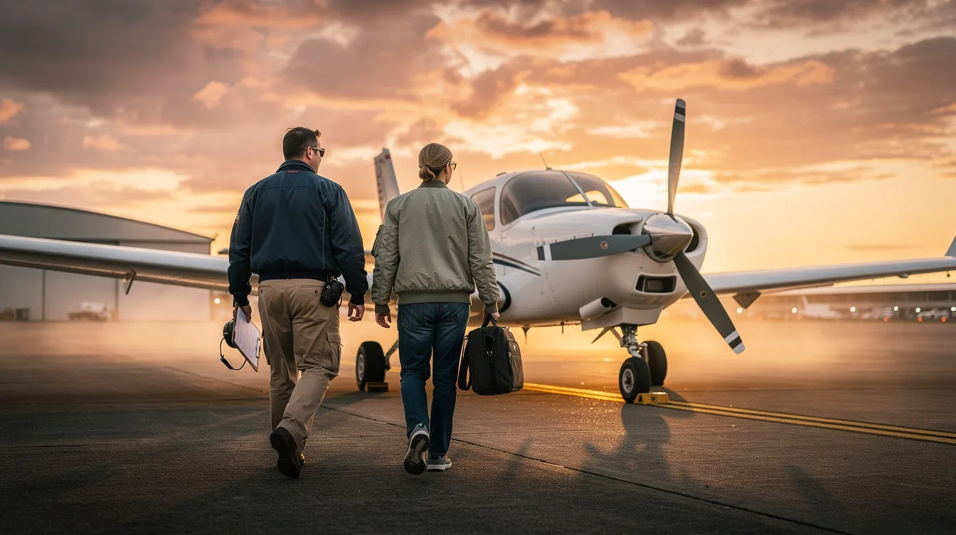 A flight instructor and a student pilot are walking towards a single-engine training airplane at sunrise, ready to begin their practical test. This moment captures the essence of flight proficiency standards and the journey towards obtaining a private pilot certificate under the guidance of the Federal Aviation Administration (FAA).