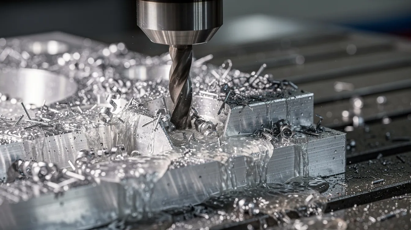 A close-up view of a CNC milling machine is shown, actively cutting an aluminum workpiece while coolant flows over the cutting area, illustrating the precision and efficiency of CNC machining in the manufacturing process. The image highlights the tool's effectiveness in handling complex designs with ease.