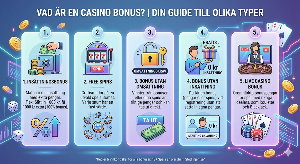 Vad är en casino bonus – olika typer av casinobonusar som insättningsbonus, free spins, bonus utan omsättningskrav och live casino bonus