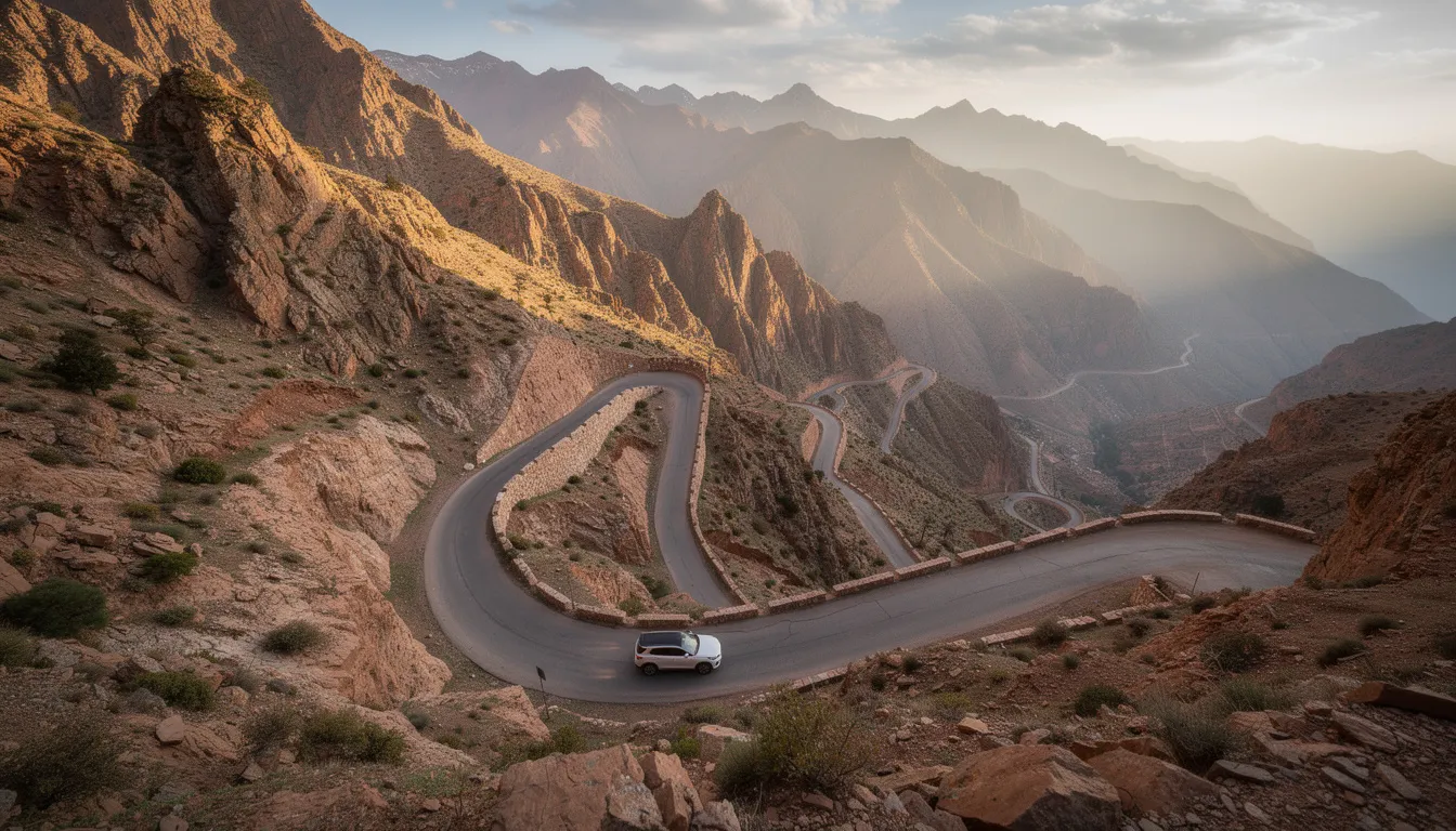 A vehicle navigates a winding mountain road through the dramatic High Atlas pass, showcasing breathtaking scenery of the rugged landscape. This journey offers travelers a unique experience to explore the natural beauty of the Atlas Mountains, a highlight for those on Marrakech desert tours.