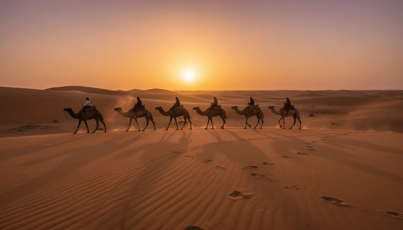 A group of camels walks gracefully across the golden dunes of the Sahara Desert at sunset, with a vibrant orange sky illuminating the scene, creating an unforgettable adventure typical of Morocco tours. This serene moment captures the essence of local culture and the stunning landscapes that await travelers in North Africa.