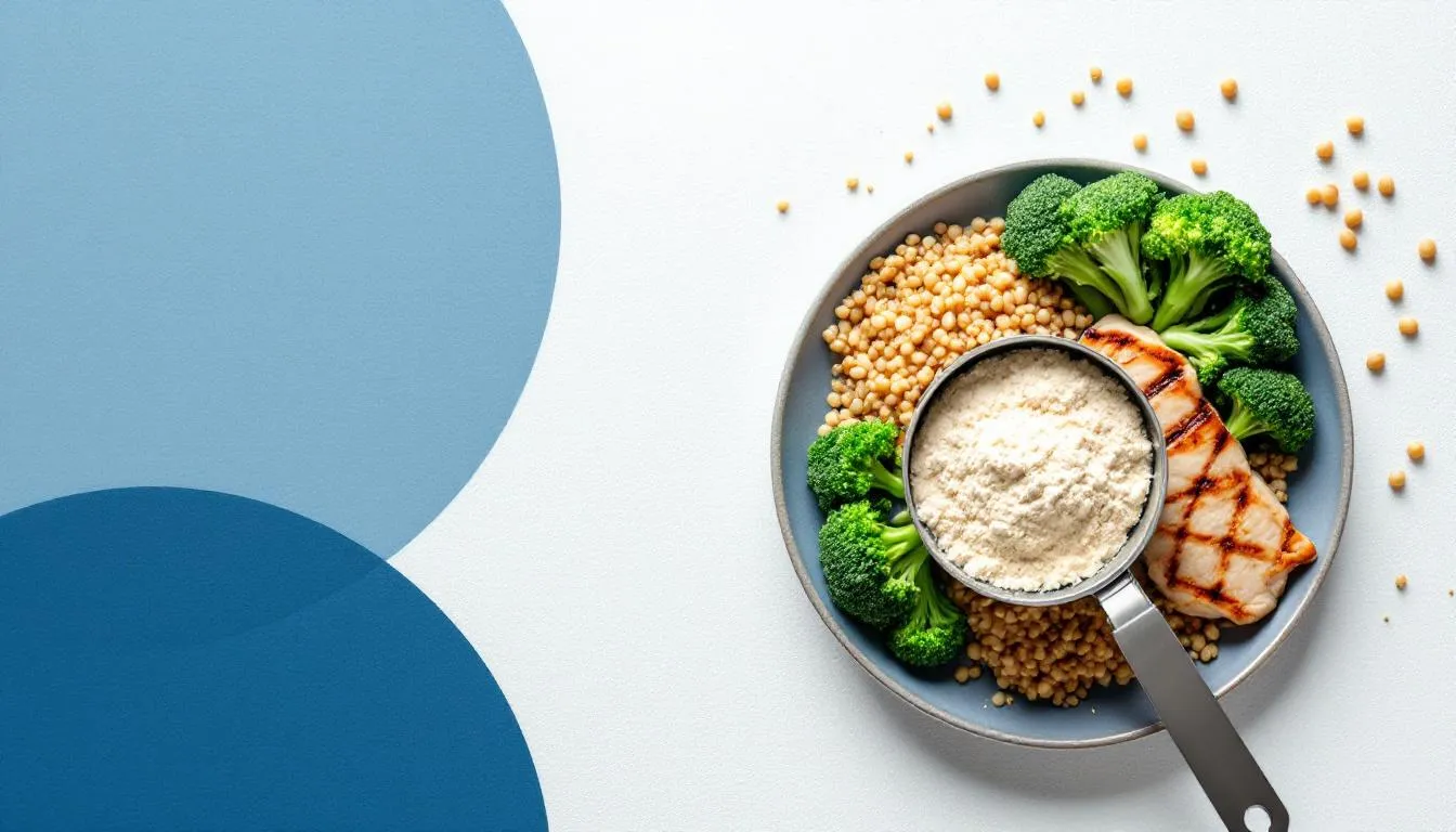 A measuring scoop filled with protein powder next to a balanced meal, illustrating protein intake.