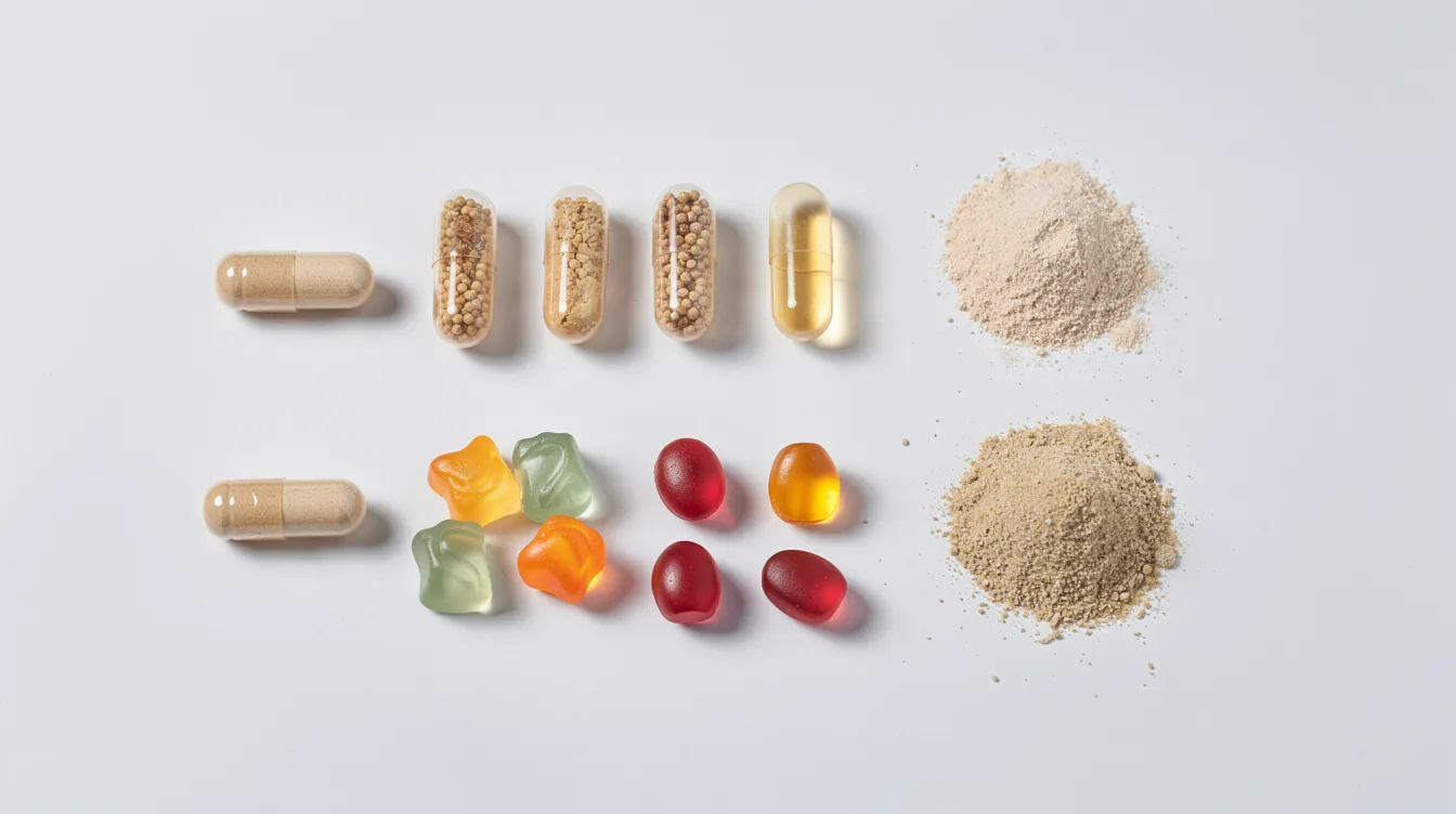 The image features a variety of supplement formats, including capsules, gummies, and powders, all neatly arranged on a clean white surface. These products may include reishi mushroom extracts and other functional mushrooms, highlighting their potential health benefits for immune support and overall wellness.