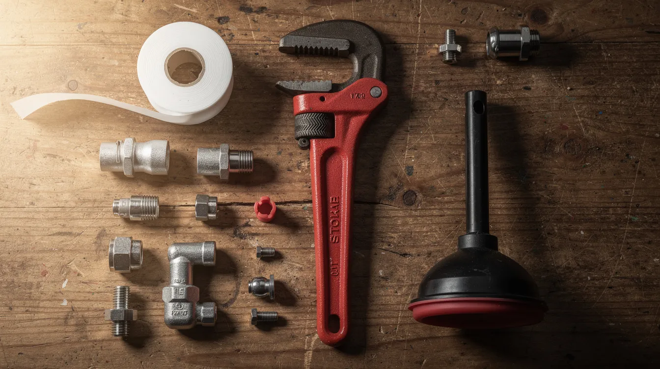 The image features various plumbing tools, including a pipe wrench, plunger, and Teflon tape, neatly arranged on a wooden workbench, showcasing essential equipment for tackling plumbing issues like clogged drains and leaky faucets. This setup highlights the importance of having the right tools for reliable plumbing repairs and maintenance in your home's plumbing system.
