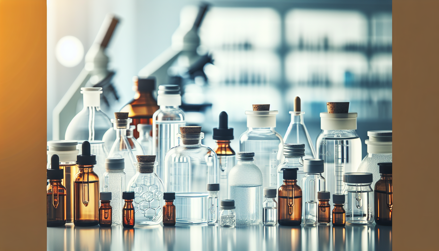 Different types of laboratory bottles for storing and transporting liquids