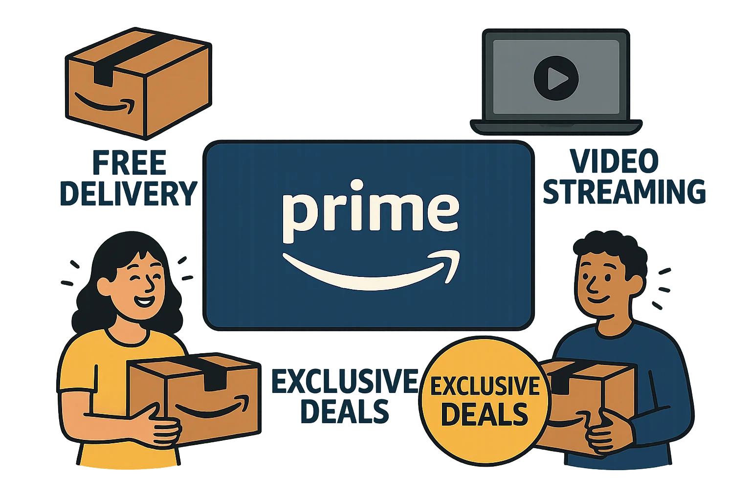 Illustration of Amazon Prime benefits including free delivery and exclusive content attracting loyal customers.