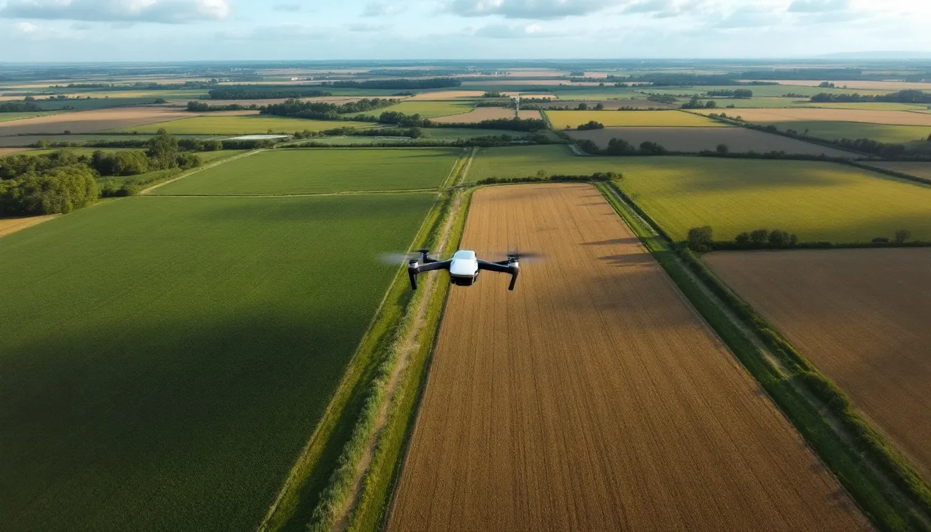 A commercial drone is flying beyond visual line of sight (BVLOS) over expansive agricultural fields, showcasing the growing capabilities of drone operations in the farming industry. This unmanned aircraft operates at long distances, adhering to FAA regulations while surveying the surrounding area for efficient resource management.
