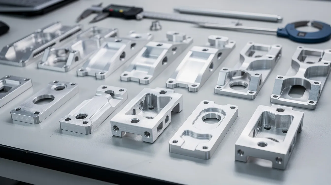An array of precision-machined aluminum aerospace brackets and housings is displayed on an inspection table, showcasing the high precision and quality achieved through advanced aerospace CNC machining processes. These components are essential for the aerospace manufacturing industry, highlighting the capabilities of leading Chinese CNC machining suppliers in producing tight tolerance parts.