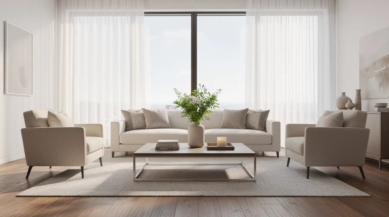 A bright, professionally staged living room features neutral furniture and natural light streaming through large windows, creating an inviting atmosphere for potential buyers. Carefully placed accessories on the coffee table enhance the space, showcasing the effective use of home staging to attract interest in the property.