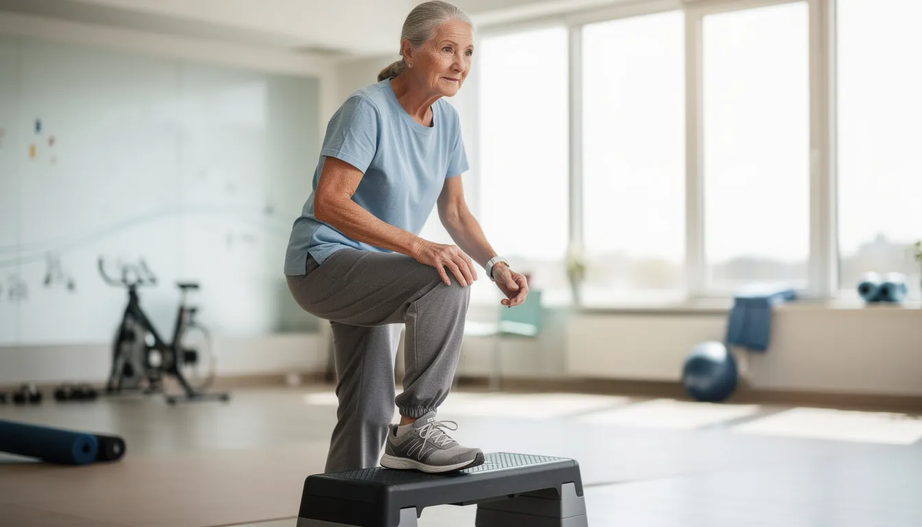 An older adult is confidently performing a step-up exercise with controlled movements, focusing on developing muscle strength and maintaining good posture. This strength training exercise targets multiple muscle groups and contributes to overall fitness and lower body strength.