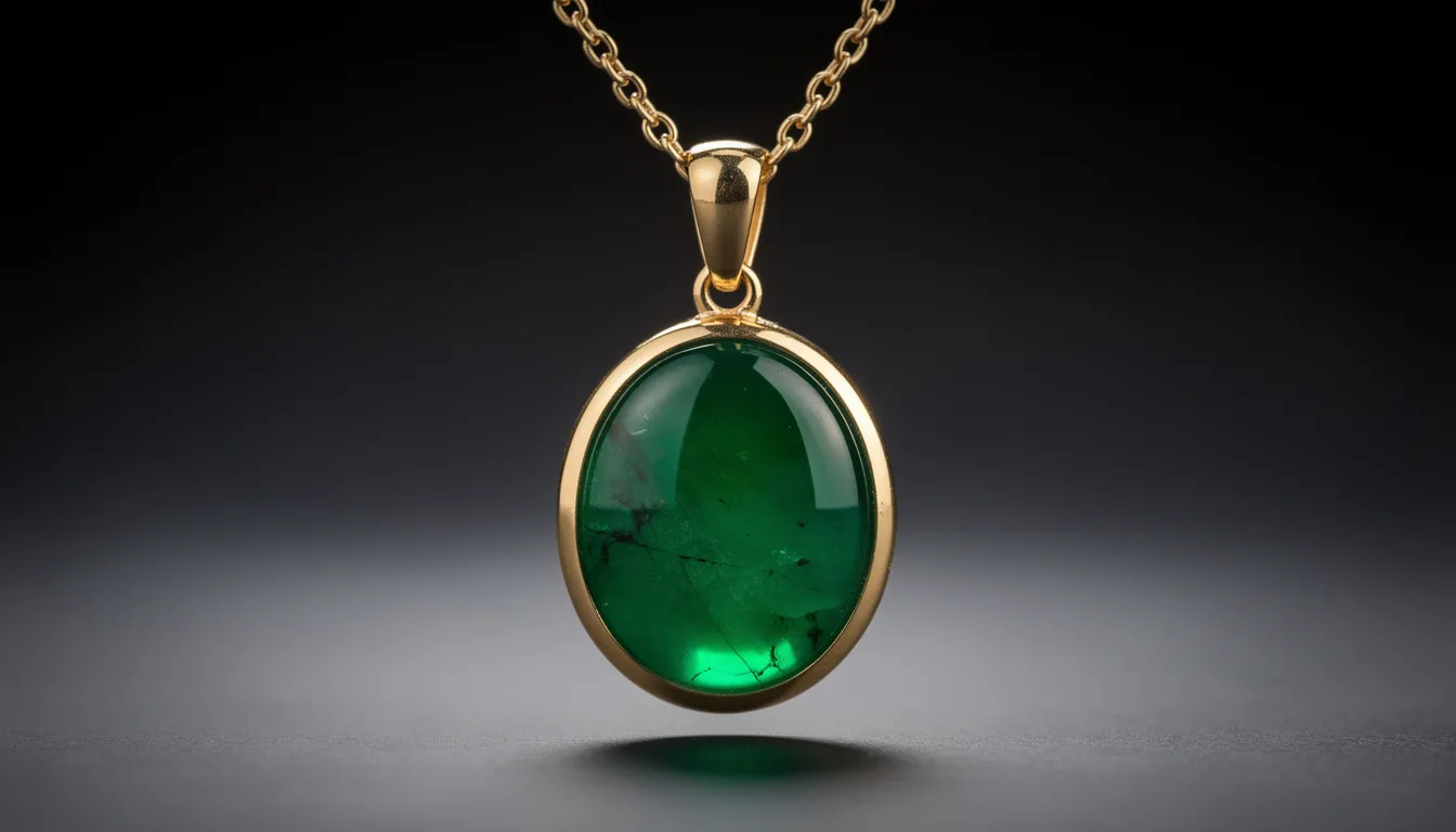 A polished imperial jade cabochon pendant, showcasing a deep green color, hangs elegantly from a gold chain, highlighting its status as a precious gemstone. The vivid green hue of the jade stone contrasts beautifully with the metallic shine, making it a stunning piece of jade jewelry.