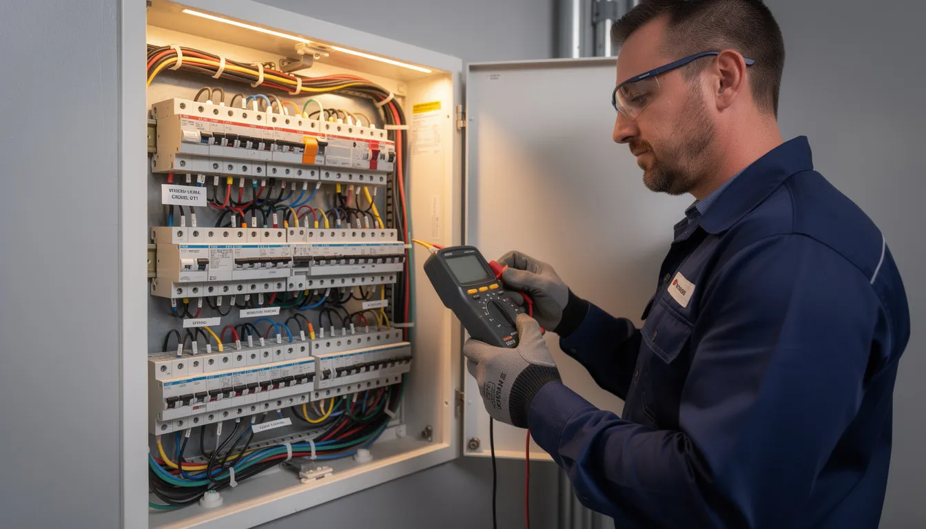 A professional inspector examines an electrical panel filled with circuit breakers, ensuring that all components comply with safety standards and building codes during a home inspection in Calgary. This detailed inspection is crucial for home buyers to identify any potential safety hazards and assess the property's condition before purchase.
