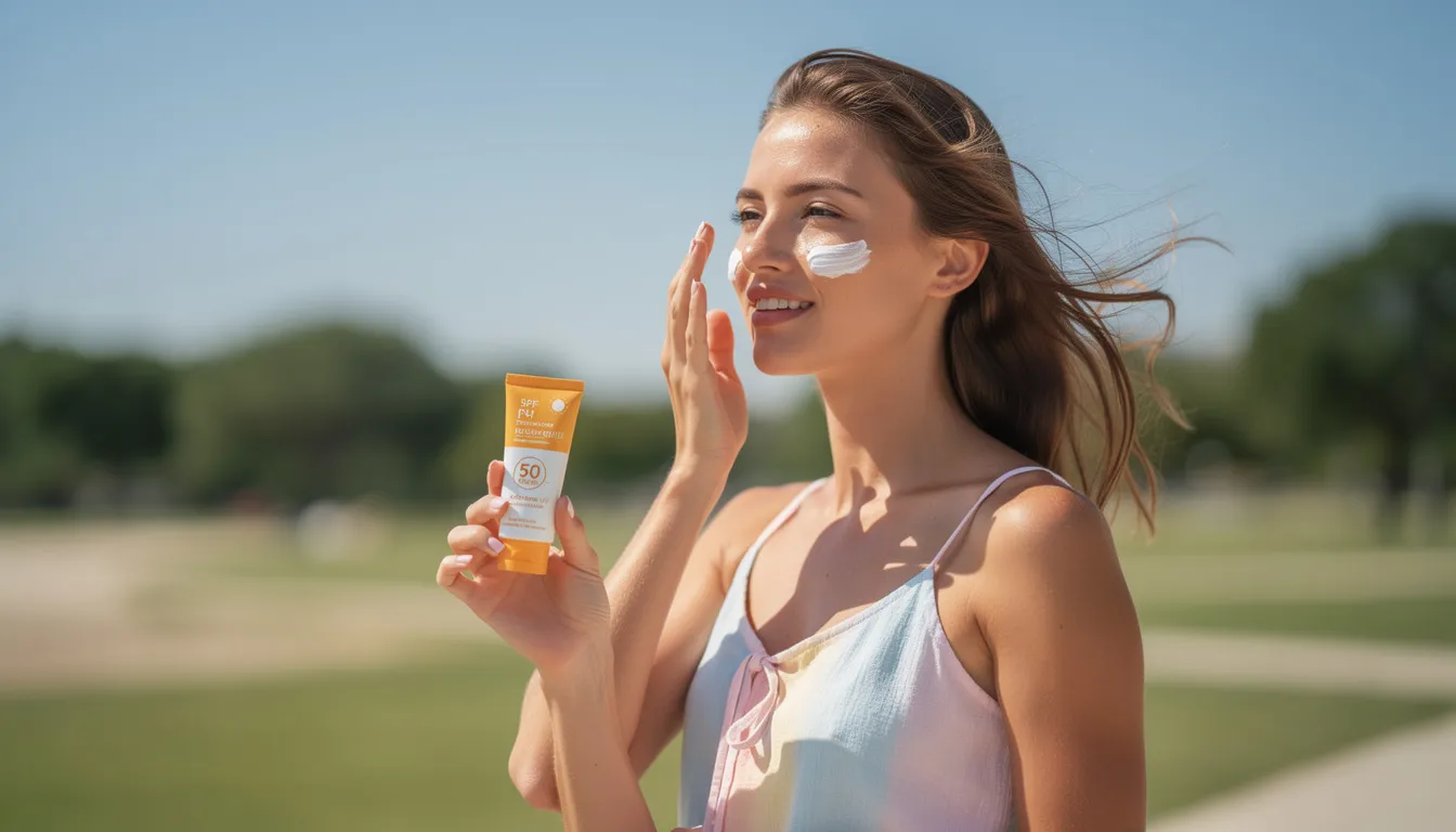 Kobieta nakłada krem z wysokim filtrem SPF na twarz w słoneczny dzień, dbając o ochronę swojej skóry przed szkodliwym promieniowaniem UV. Używanie takiego kosmetyku jest istotne dla zapobiegania zmianom skórnym i nowotworom skóry.