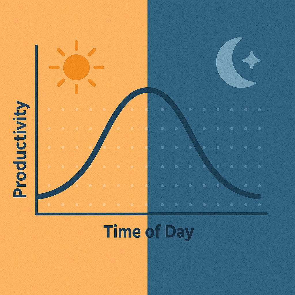 A productivity curve graph split day-and-night under sun and moon icons shows how to identify personal time peaks in your daily schedule to boost well-being and productivity.