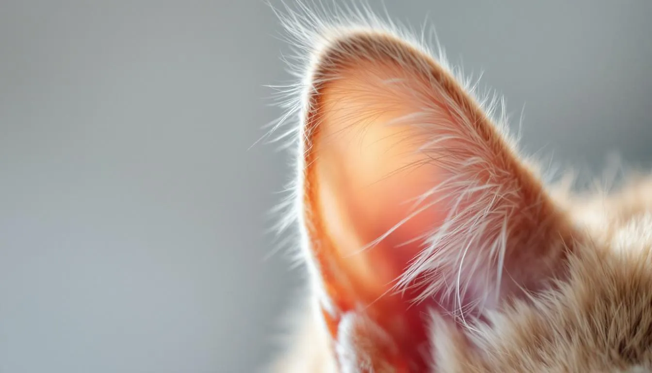 Een close-up van een kattenoor toont de trichtervormige structuur en fijne haartjes, die essentieel zijn voor het goede gehoor van katten. Dit gehoor stelt hen in staat om hoge tonen en geluiden van prooi, zoals muizen, op grote afstand te horen.