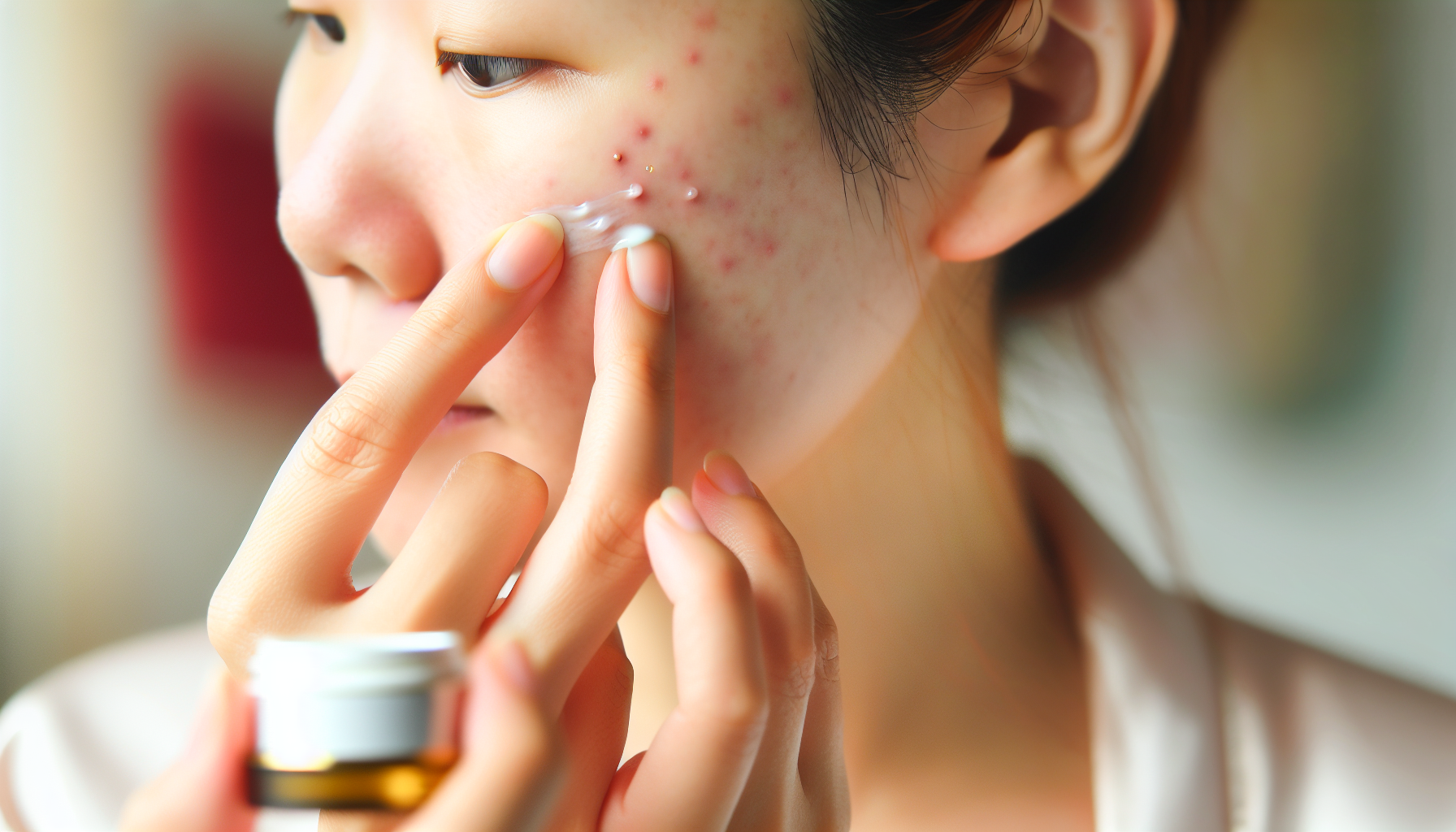 Close-up of a woman applying skincare products for acne-prone skin